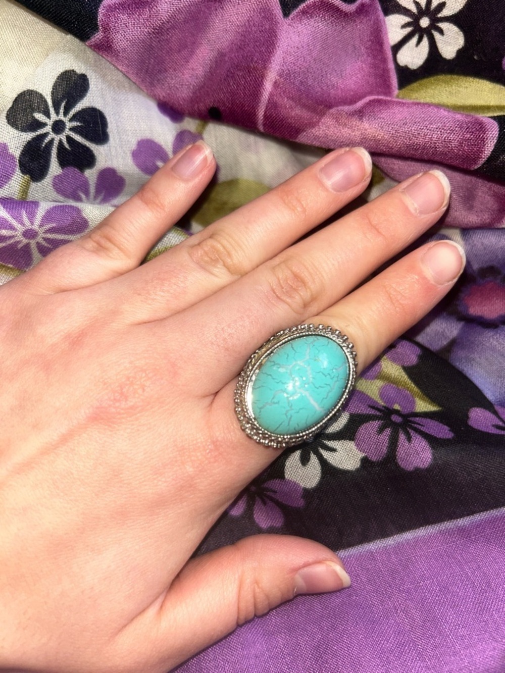 Teal Aqua Cracked Stone Enamel Oval Statement Ring Silver Tone